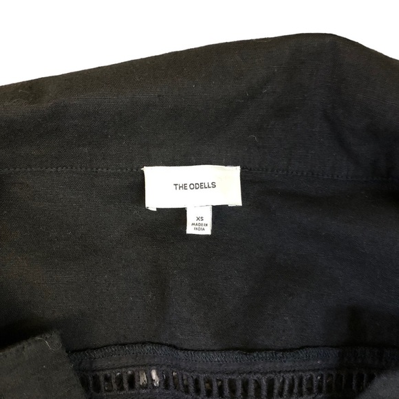 Anthro The Odells Black ALine VNeck Crochet Linen Blend Puff Sleeve Dress - Picture 4 of 13